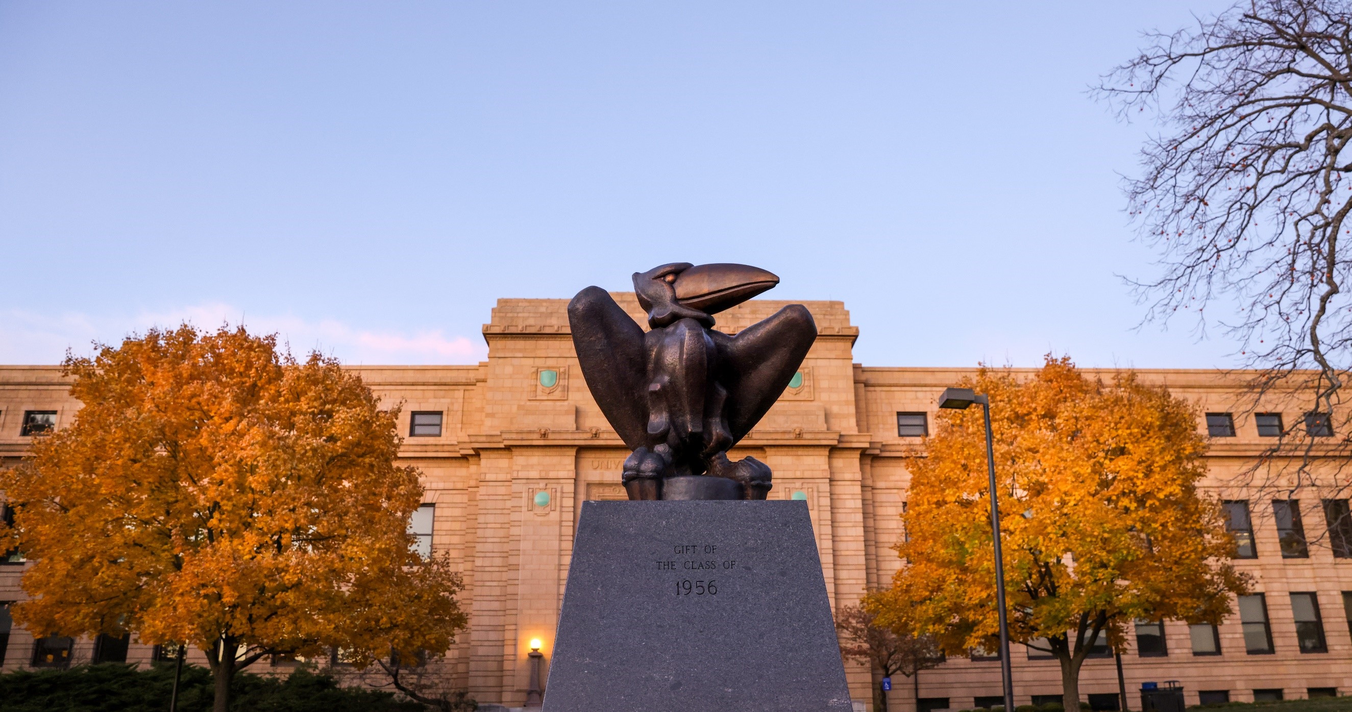 Jayhawk statue in front of Strong Hall